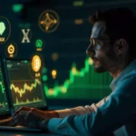 Professional trader analyzing altcoins under $1 on laptop with cryptocurrency charts and digital trading interface background