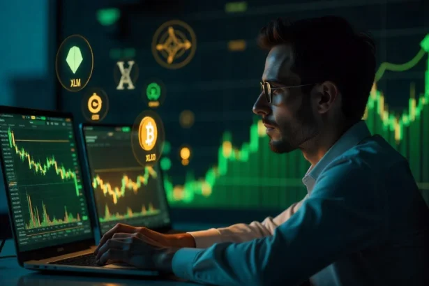 Professional trader analyzing altcoins under $1 on laptop with cryptocurrency charts and digital trading interface background