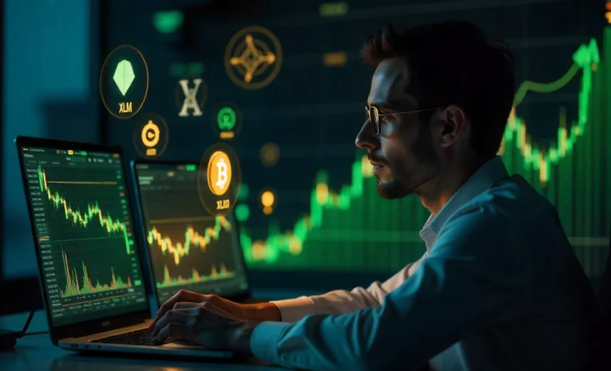 Professional trader analyzing altcoins under $1 on laptop with cryptocurrency charts and digital trading interface background