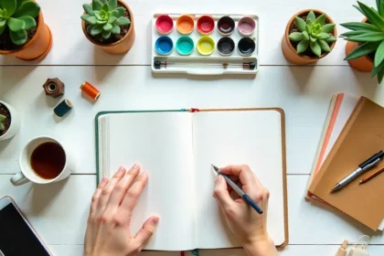 Analog hobbies revival 2025 scene showing hands-on creative activities watercolor painting journaling crafts