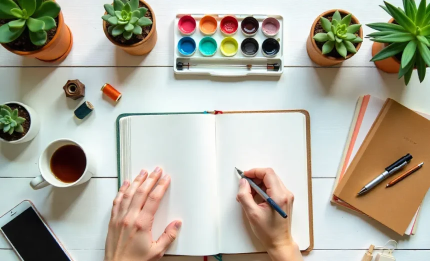 Analog hobbies revival 2025 scene showing hands-on creative activities watercolor painting journaling crafts