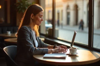 Professional woman planning bespoke solo travel at cafe with laptop, coffee & notebook - personalized travel planning