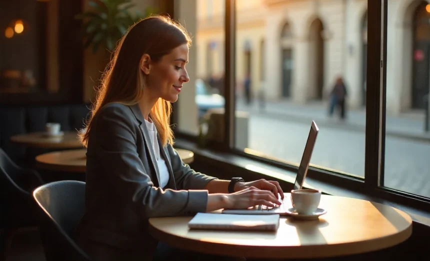 Professional woman planning bespoke solo travel at cafe with laptop, coffee & notebook - personalized travel planning