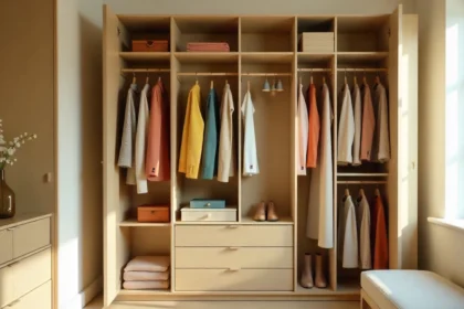 Capsule wardrobe creative flat lay with colorful blazer, printed scarf, statement jewelry and versatile clothing pieces