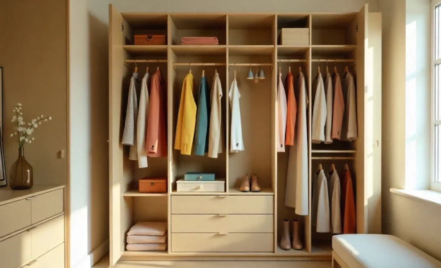 Capsule wardrobe creative flat lay with colorful blazer, printed scarf, statement jewelry and versatile clothing pieces