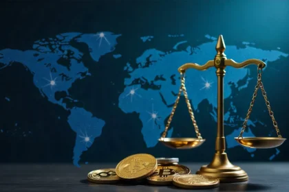 Crypto regulations 2025 featured image with legal scales, Bitcoin symbols and regulatory framework elements displayed