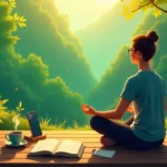 Person practicing digital detox meditation outdoors with journal and tea, smartphone stored away for tech-free wellness