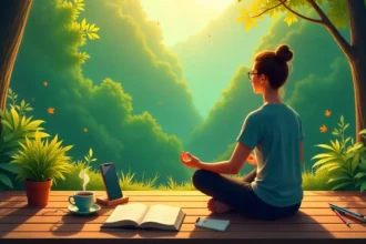 Person practicing digital detox meditation outdoors with journal and tea, smartphone stored away for tech-free wellness