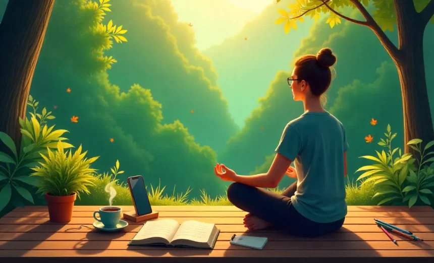 Person practicing digital detox meditation outdoors with journal and tea, smartphone stored away for tech-free wellness