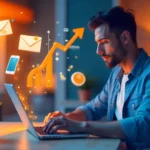 Digital Marketing Strategies for small businesses 2025 - laptop with social media, SEO, email marketing and AI automation icons