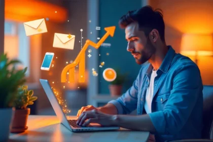 Digital Marketing Strategies for small businesses 2025 - laptop with social media, SEO, email marketing and AI automation icons