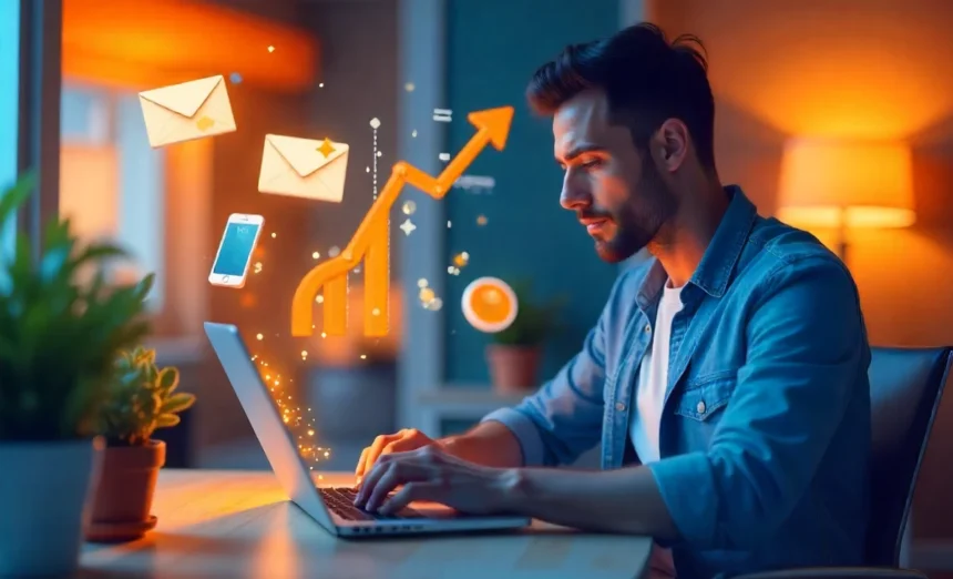 Digital Marketing Strategies for small businesses 2025 - laptop with social media, SEO, email marketing and AI automation icons