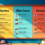 Colorful dopamine menu illustration showing mood-boosting activities organized in starter, main course and dessert categories for better mental wellness