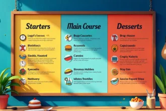 Colorful dopamine menu illustration showing mood-boosting activities organized in starter, main course and dessert categories for better mental wellness