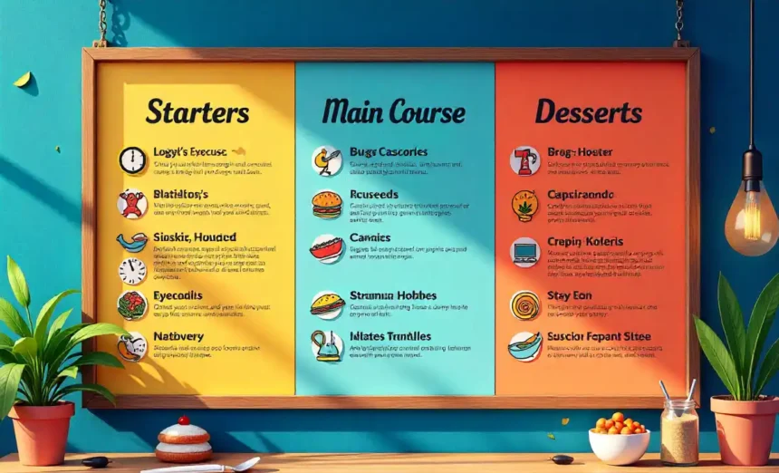 Colorful dopamine menu illustration showing mood-boosting activities organized in starter, main course and dessert categories for better mental wellness
