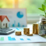 Down payment savings tips illustration showing house model, calculator, cash stacks and budget planning documents