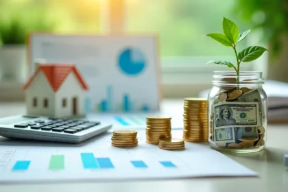 Down payment savings tips illustration showing house model, calculator, cash stacks and budget planning documents
