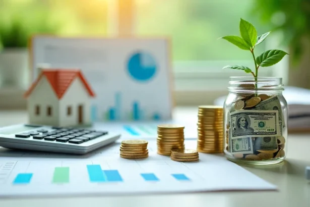 Down payment savings tips illustration showing house model, calculator, cash stacks and budget planning documents