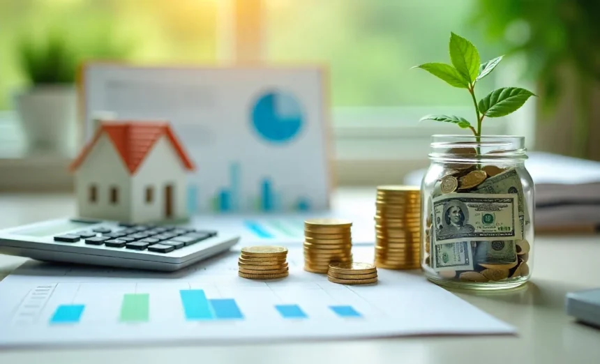 Down payment savings tips illustration showing house model, calculator, cash stacks and budget planning documents