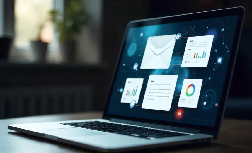 Modern email marketing dashboard showing AI automation tools and email strategy tips for 2025 business success