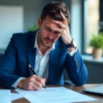 Employee considering employment agreement legal document at desk with termination papers and pen in modern office setting