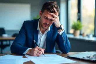 Employee considering employment agreement legal document at desk with termination papers and pen in modern office setting