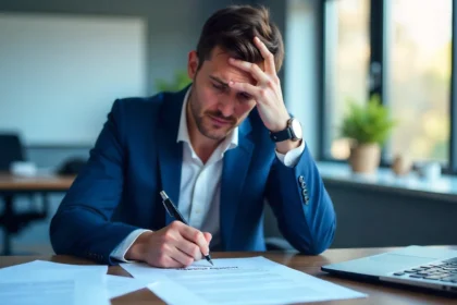 Employee considering employment agreement legal document at desk with termination papers and pen in modern office setting