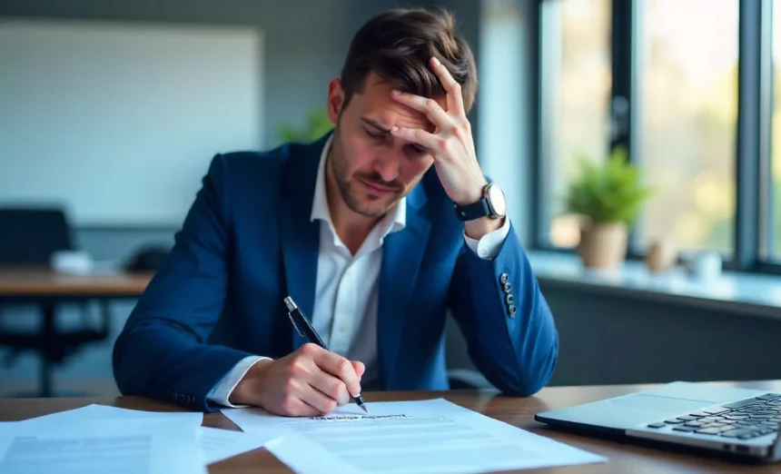 Employee considering employment agreement legal document at desk with termination papers and pen in modern office setting