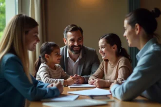 Family mediation session with parents and neutral mediator discussing custody and divorce solutions peacefully.