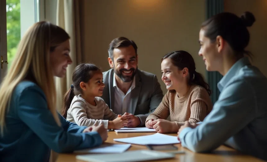 Family mediation session with parents and neutral mediator discussing custody and divorce solutions peacefully.