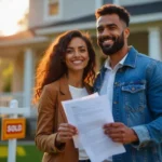 Young couple celebrating with house keys showing first-time homebuyer tips success in 2025 real estate market