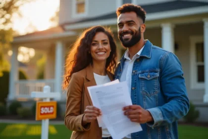 Young couple celebrating with house keys showing first-time homebuyer tips success in 2025 real estate market