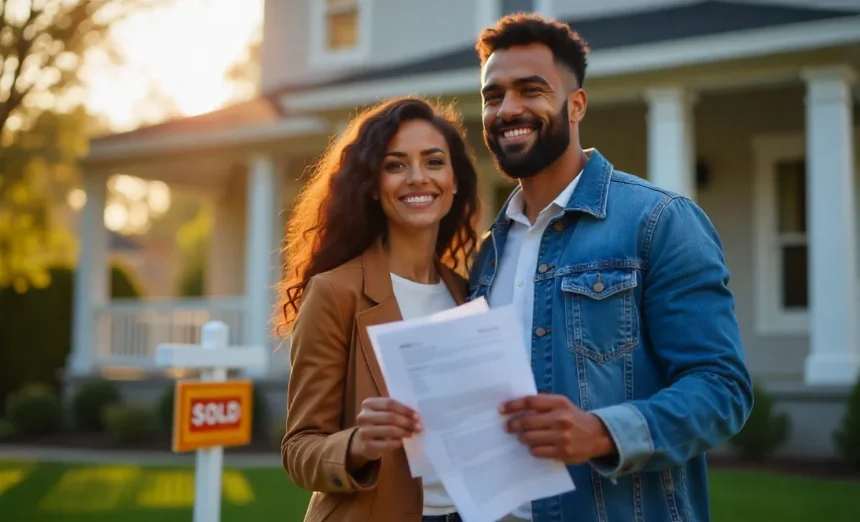Young couple celebrating with house keys showing first-time homebuyer tips success in 2025 real estate market