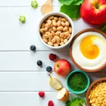 Colorful arrangement of foods for gut health including yogurt, vegetables, grains, and fermented foods on white background