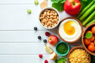 Colorful arrangement of foods for gut health including yogurt, vegetables, grains, and fermented foods on white background