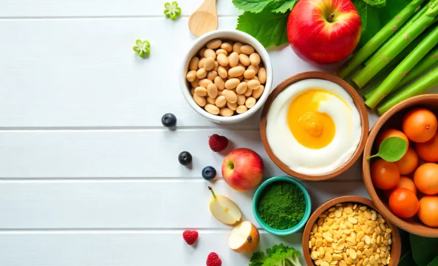 Colorful arrangement of foods for gut health including yogurt, vegetables, grains, and fermented foods on white background