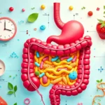 Gut healing time illustration showing microbiome recovery stages with healthy foods and digestive system timeline