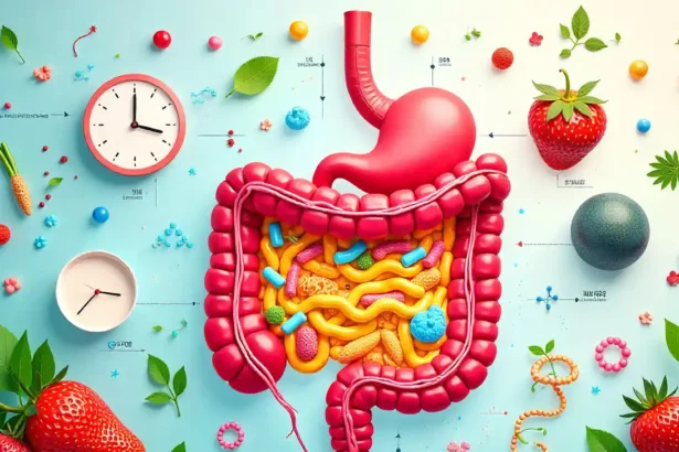 Gut healing time illustration showing microbiome recovery stages with healthy foods and digestive system timeline