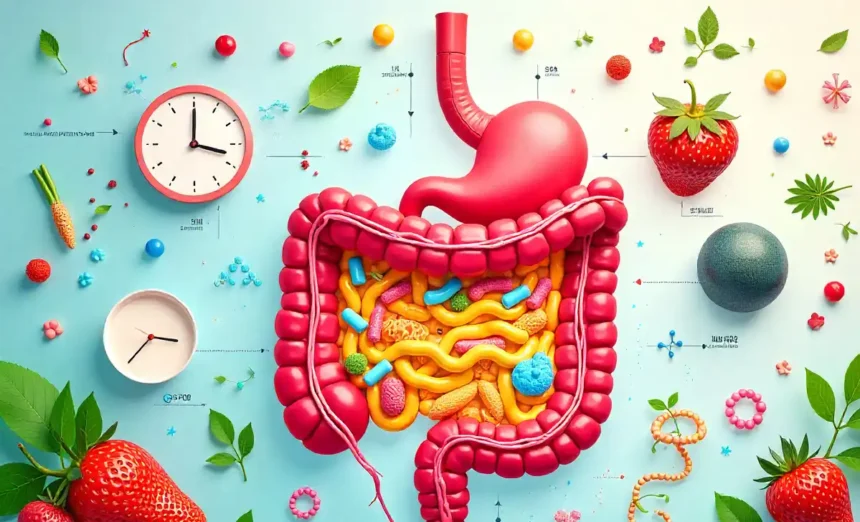 Gut healing time illustration showing microbiome recovery stages with healthy foods and digestive system timeline
