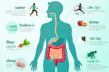 Infographic showing human digestive system with key gut health factors: fiber, probiotics, water, exercise, sleep"