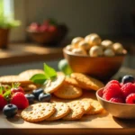 High fiber snacks collection featuring fresh berries, nuts, chia seeds, and whole grain crackers for better digestion