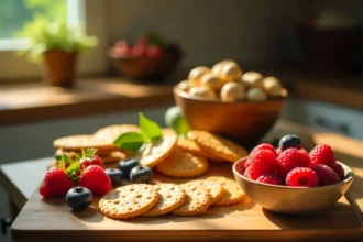High fiber snacks collection featuring fresh berries, nuts, chia seeds, and whole grain crackers for better digestion