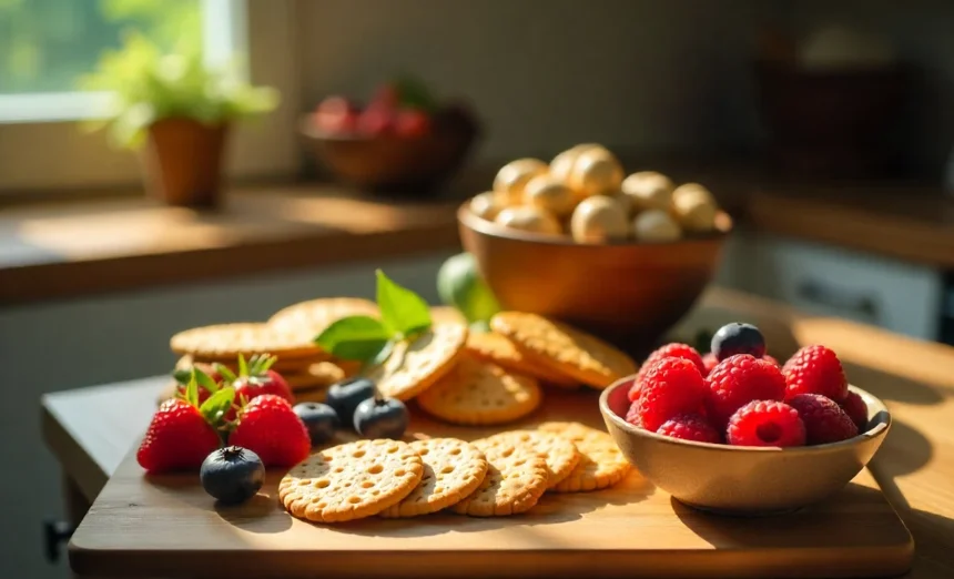 High fiber snacks collection featuring fresh berries, nuts, chia seeds, and whole grain crackers for better digestion