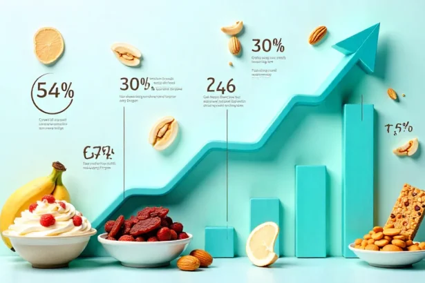 High protein search growth infographic showing trending snack data with protein bars, Greek yogurt and market stats