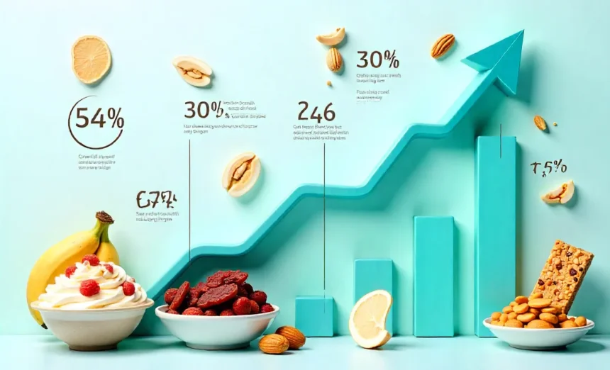 High protein search growth infographic showing trending snack data with protein bars, Greek yogurt and market stats