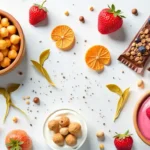 Variety of high protein snacks including bars, chickpeas, and chia pudding for healthy snacking