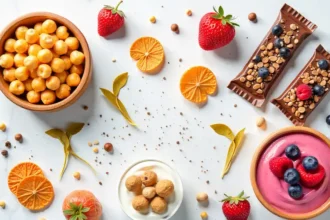Variety of high protein snacks including bars, chickpeas, and chia pudding for healthy snacking