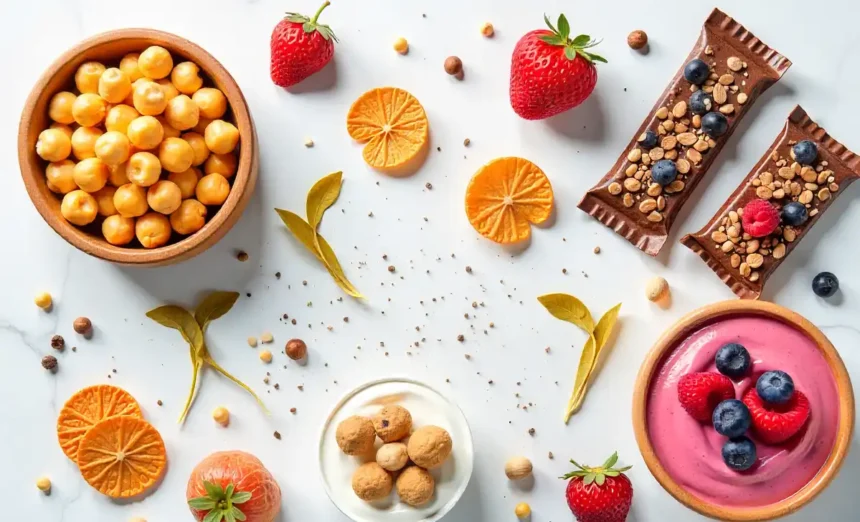 Variety of high protein snacks including bars, chickpeas, and chia pudding for healthy snacking