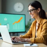 Hybrid career lifestyle 2025 professional working on laptop with dual monitors showing freelance projects and corporate work