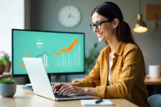 Hybrid career lifestyle 2025 professional working on laptop with dual monitors showing freelance projects and corporate work